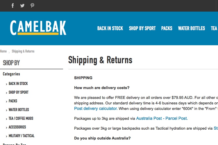 Screenshot of Camelbak Shipping & Returns