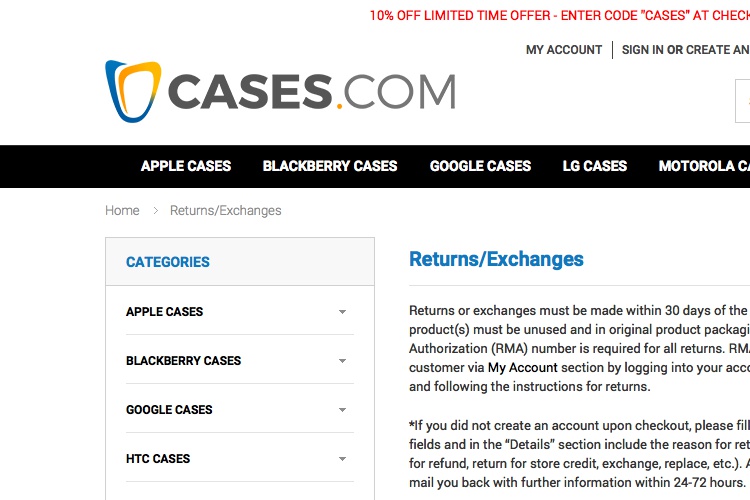 Screenshot of Cases Returns & Exchanges