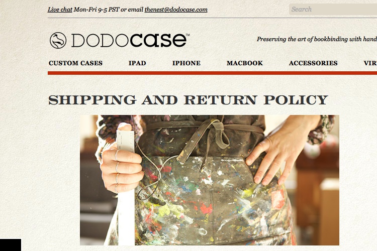 Screenshot of DODOcase Shipping & Return Policy Exchanges &