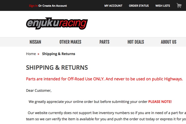 Screenshot of EnjukuRacing Shipping & Returns