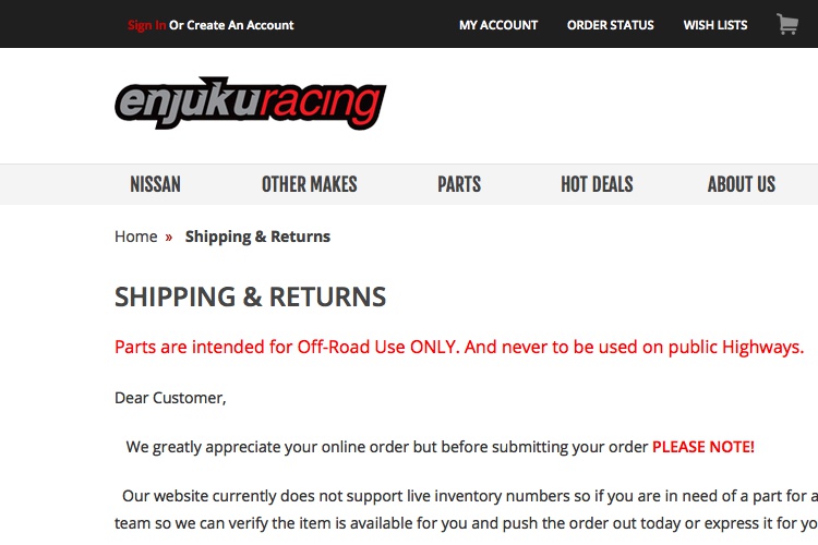 Screenshot of EnjukuRacing Shipping & Returns