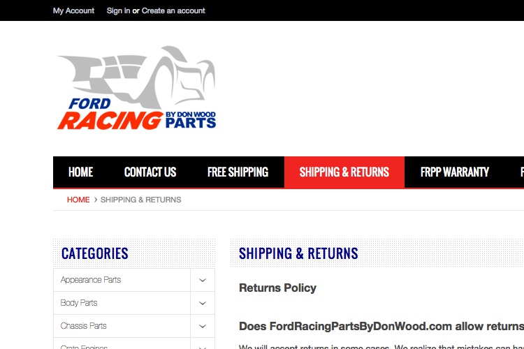 Screenshot of FordRacingPartsByDonWood Shipping & Returns