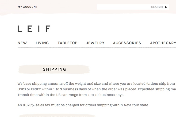 Screenshot of LEIF Shipping Returns