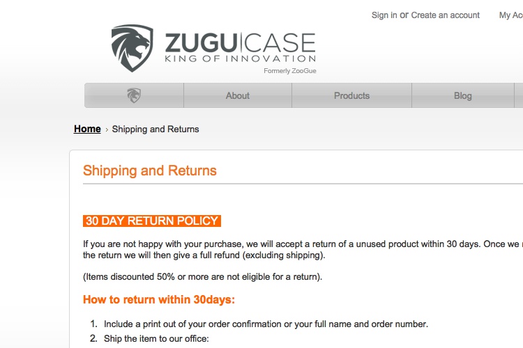 Screenshot of Zugu Case Shipping and Returns